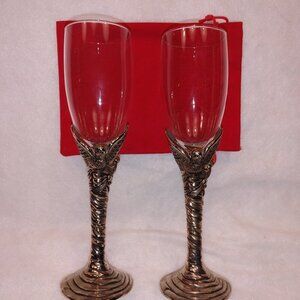 Birds Champagne Flute Pair Silver Plated Love